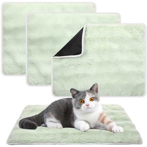 3 Pack Green Self Warming Cat Bed Indoor 16''x24'' Self Heating Cat Mat Ultra Soft Thermal Kitten Bed Heated Pet Dog Pad Washable Removable for Outdoor Use Non Slip Reflect Body Heat (16''x24'' / Green)