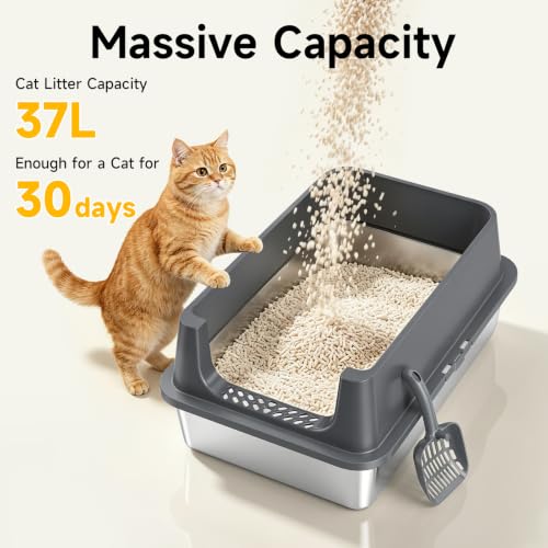 XL Open Top Stainless Steel Litter Box Large with High Sides (Dark Gray)