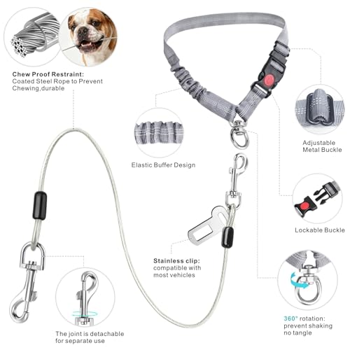 Dog Seat Belt for Car Stainless Steel 3 in 1 Dog Seatbelt 2 Pcs Grey (Gray+Gray)