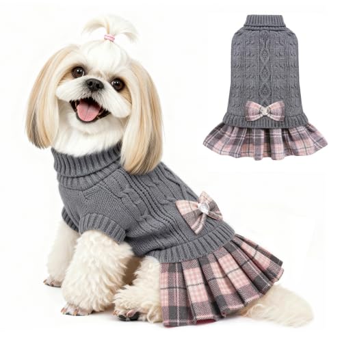 Small Dog Sweater Dress with Bowtie Turtleneck (Large (14-21lbs) / Grey)