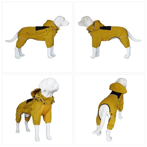 Fleece Lined Dog Raincoat with Removable Hood (Mustard Yellow Fleeced / 4XL (Back 23.5"))