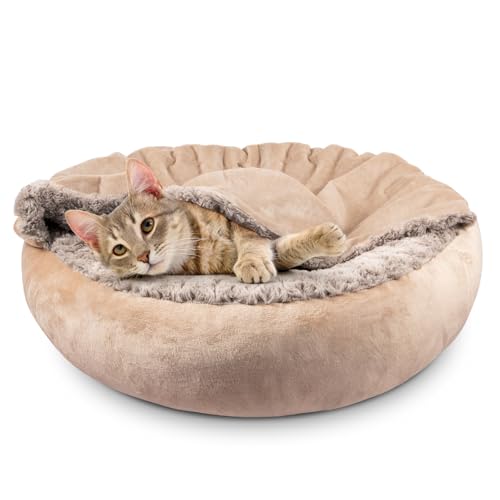 Small Dog Cat Bed With Hooded Blanket (S(23" x 23" x 7") / Beige)