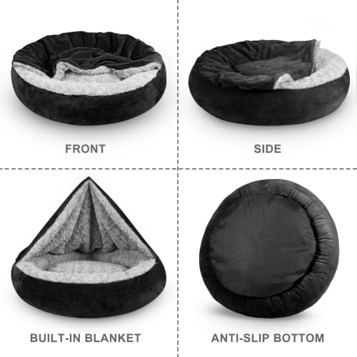 Small Dog Bed Cat Bed with Hooded Blanket (M(26" x 26" x 8") / Black)