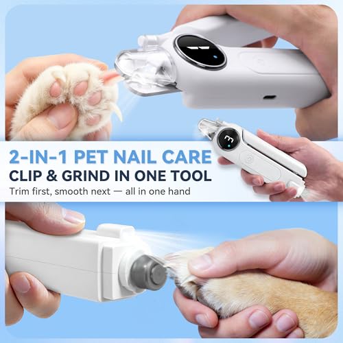 2-in-1 Quiet Electric Pet Nail Clipper & Grinder with Light for Dogs Cats (White)