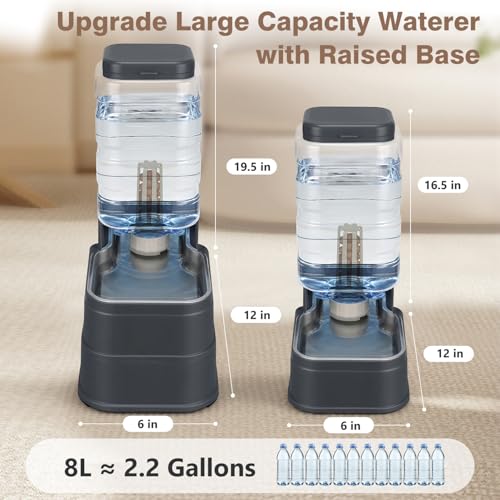 2.2 Gallon Pet Automatic Dog Water Dispenser Cat Gravity Waterer Feeder with Stainless Steel Bowl 8L Large Capacity Puppy Feeding Raised Bowls with Filter (Charcoal Gray / 8L(2.2 Gallon))