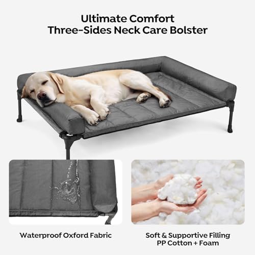 Outdoor Elevated Dog Bed with Waterproof Bolster Cushion (Black Silver / 42.0"L x 30.0"W x 7.0"Th)