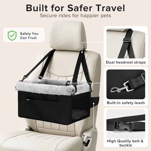 Deluxe Dog Booster Seat with Sturdy Metal Frame and Safety Leash for Small Pets up to 20 lbs (Black)
