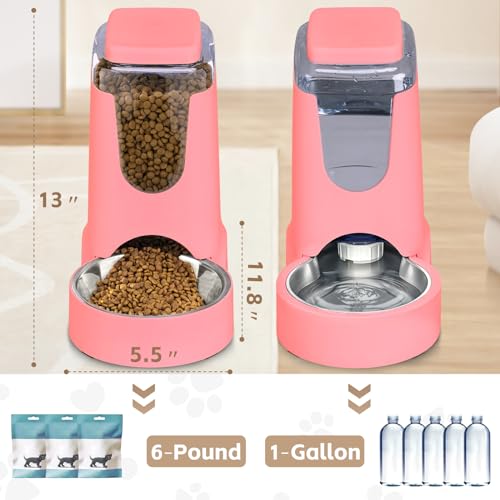 Automatic Cat Feeder and Water Dispenser with Stainless Steel Bowl Dog Gravity Food Feeder and Waterer for Small Medium Pets Puppy Kitten 1 Gallon x 2 (Pink)