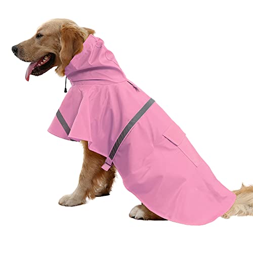 Large Dog Raincoat Adjustable Pet Water Proof Clothes Lightweight Rain Jacket Poncho Hoodies with Strip Reflective (3X-Large (Pack of 1) / Pink)