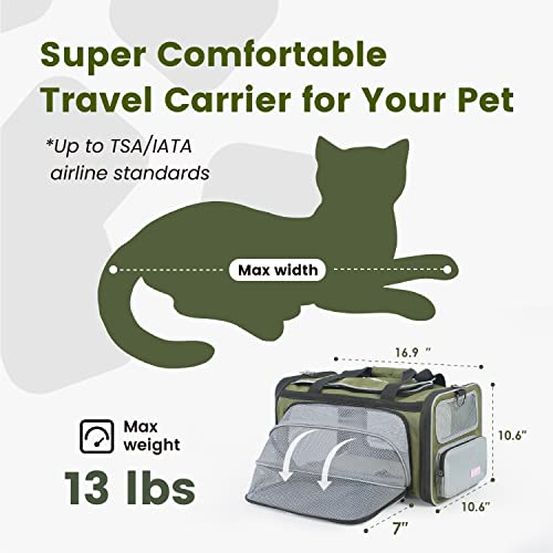Cat Carrier Airline Approved Expandable Breathable Safety Leash (Grey and Olive Green)