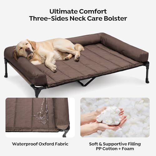 Outdoor Elevated Dog Bed with Waterproof Bolster Cushion (Brown / 49.0"L x 33.0"W x 9.0"Th)