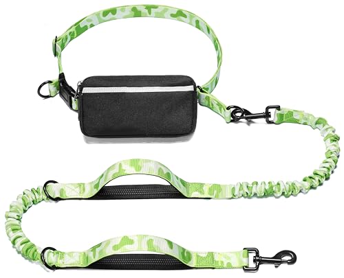 Hands Free Dog Leash with Zipper Pouch (white-green mix / Large)