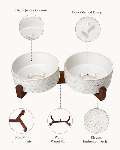 Dog Bowl Set Ceramic Bowls with Walnut Wood Stand (Five-leaf Grass+Honeycomb / 6 Cups)