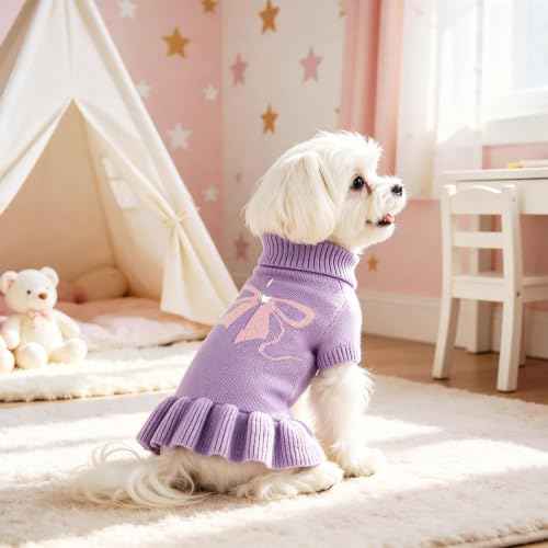Bowknot Dog Sweater Dress for Small Dogs Girl (X-Large (21-28lbs) / Purple)