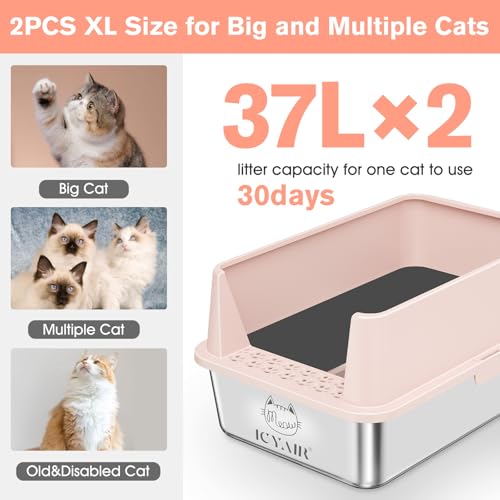 2PACK Stainless Steel Cat Litter Box with High Sides Lid (2PK-Light Pink)
