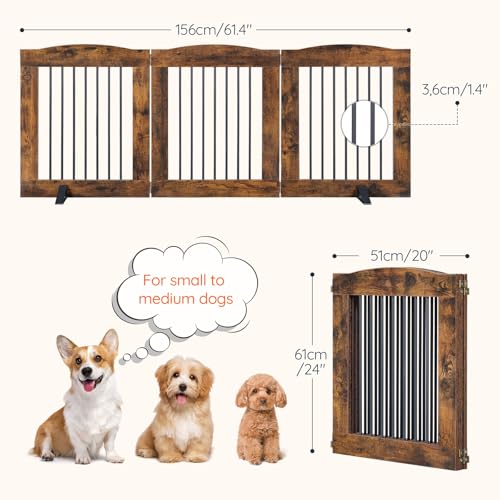 Indoor Dog Gate with Support Feet (Rustic Brown / 【3 Panels】61.4"L x 24"H)