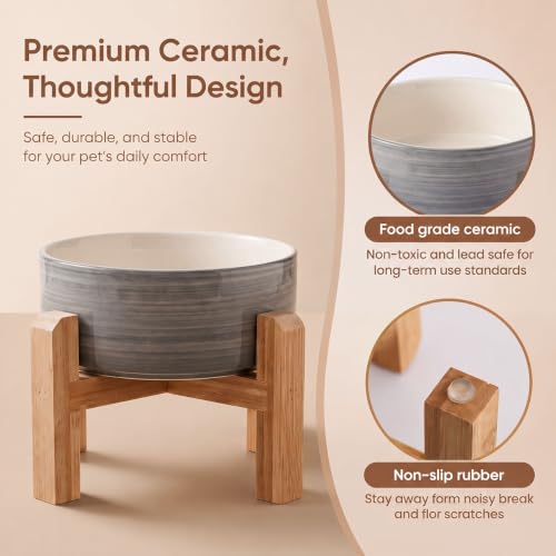 Elevated Ceramic Dog Bowl with Bamboo Stand (White Gray / 7.6Cup)