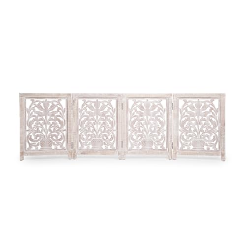 Lightnpro 4 Panel Carved Wooden Dog Gate with Stopper (White Wash / 24x72 - Milo)