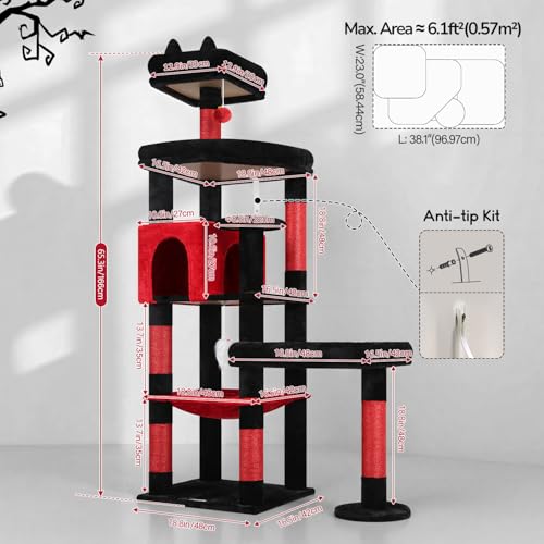 65in Gothic Sturdy Cat Tree for Indoor Large Cat (65inch / Red Black)