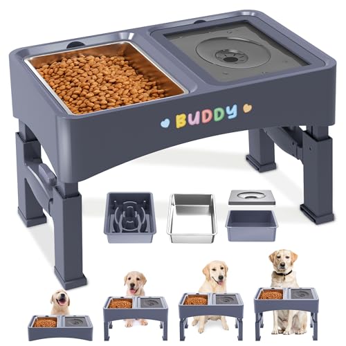 3-in-1 Elevated Dog Bowls with 4 Height Adjustable Raised Stand (Blue)
