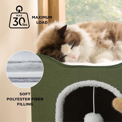 Cat House Bed for Indoor Cats with Fluffy Ball and Scratch Pad (Loden Green / Single)