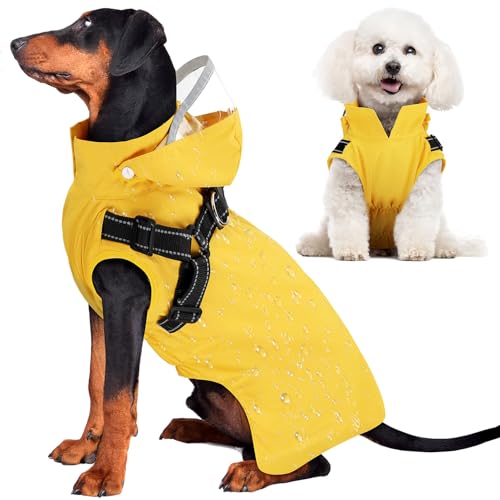 Dog Raincoat Waterproof Rain Jacket with Harness & Removable Hood (Yellow / 2X-Large)