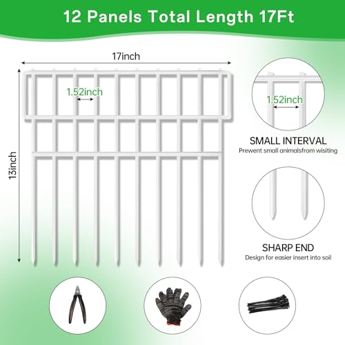 17ft(L) X 13in(H) Animal Barrier Fence, 12 Panels No Dig Fence for Dogs, 1.52IN Gap Anti Digging Dog Barrier, Rustproof Metal Garden Edging Border Defense for Outdoor, Yard, Lawn, White (12 Panels, 17FT x 13IN / White)