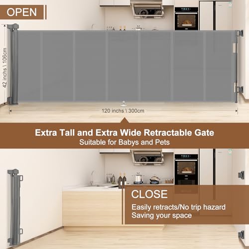 120 inch Reinforced Retractable Baby Gates 42 inch Tall (Gray / 42" Tall x 120" Wide)