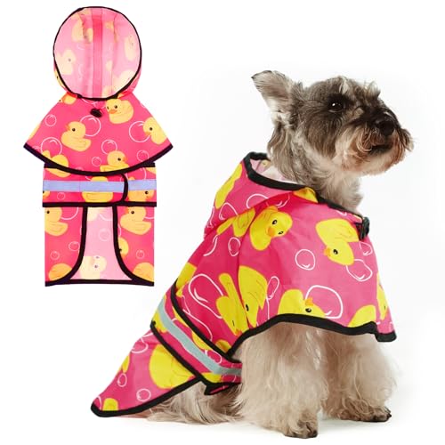 Dog Raincoat Hooded Slicker Poncho with Leash Hole (M:15-20lbs / Pink Duck)