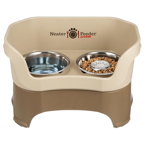 Neater Feeder Deluxe Mess Proof Dog Bowls Elevated for Large Breeds (Large with Slow Feed Bowl / Cappuccino)
