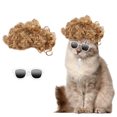 Cat Apparel Cat Gold Afro Wig with White Small Glasses Styling Cute Funny Pet Hair Accessories Decoration for Halloween (gold)