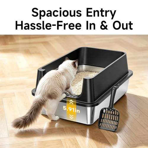 XL Open Top Stainless Steel Litter Box with High Sides (Black-1Pack)