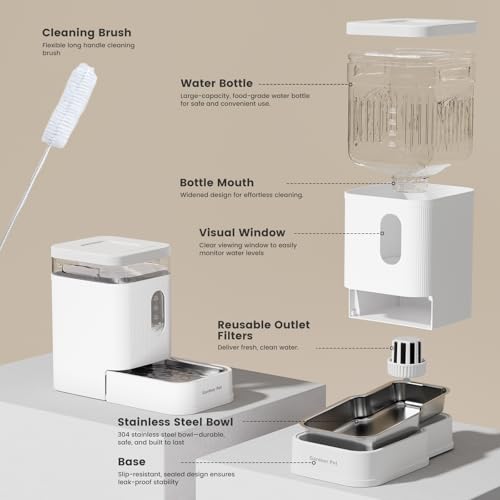 1.7 Gallon Automatic Dog Water Dispenser with Stainless Steel Bowl (White / 1.7 Gallon)