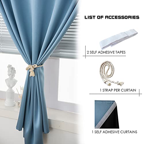 100% Blackout Stick Curtain Portable Black Out Curtains Adhesive Curtains for Bedroom Living Room No Drilling (Light Blue/ Thickened / 47"W x 54"L (Pack of 1))