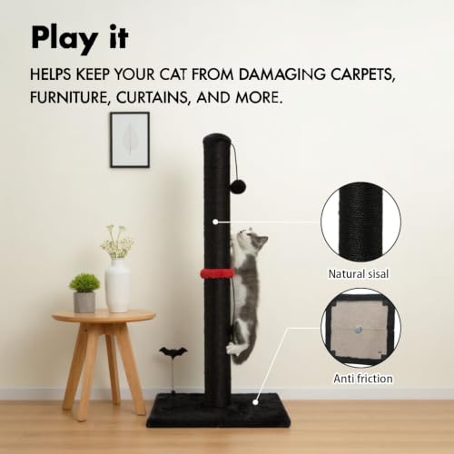 Cat Scratching Post Premium Sisal Scratch Posts with Hanging Ball Vertical Scratcher for Indoor Cats and Kittens (34 inches for Adult Cats / Black)