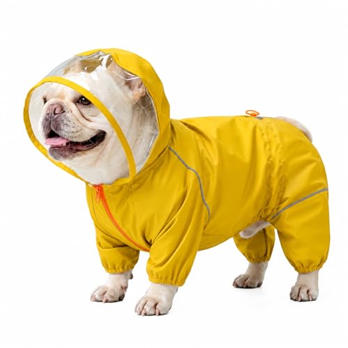 Dog Raincoat Rain Jacket with Clear Hood and Broad Chest Fit (Yellow / Large)