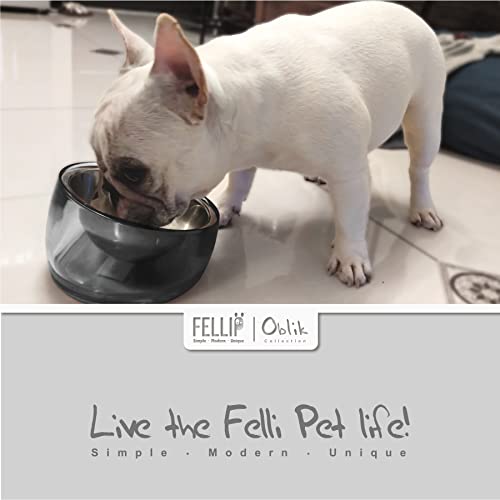 Pet Oblik Acrylic Raised Dog Food Water Bowl Stainless Steel Slanted Oval Dish for Short Leg Puppy & Small Medium Pet (Smoky / 1.5 Cups Oval Dish)