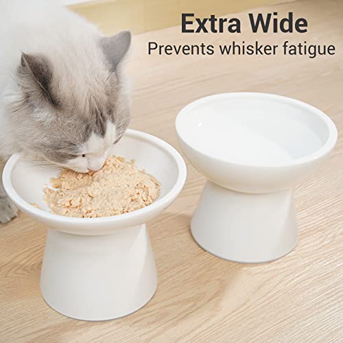 2 Pack Elevated Ceramic Cat Bowls Extra Wide for Food & Water (White)