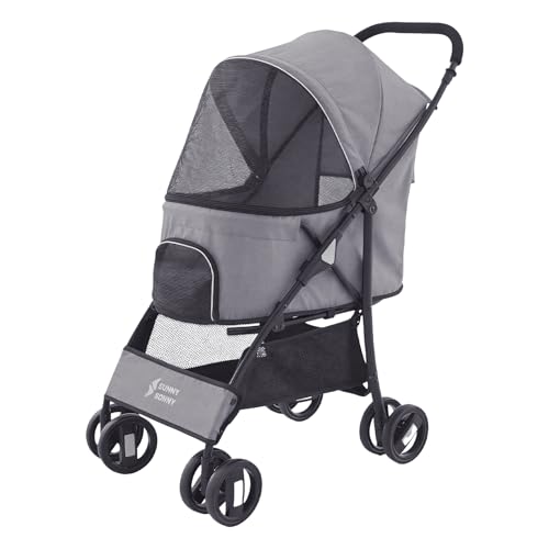 Foldable Jogger Pet Stroller with Weather Cover Storage Basket Pet Travel Carrier for S (Grey)