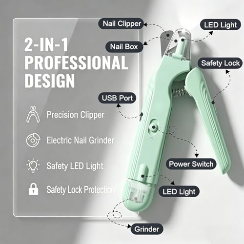 2-in-1 Dog Nail Grinder & Dog Nail Clipper for Sensitive Pets (Green)