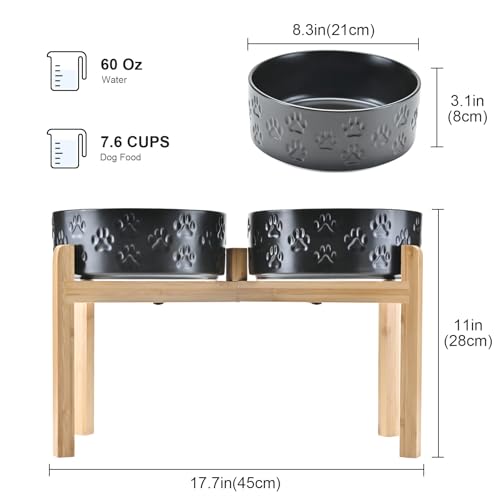 Elevated Dog Bowls Ceramic (8.3 in - 7.6 cups / Paw Black)
