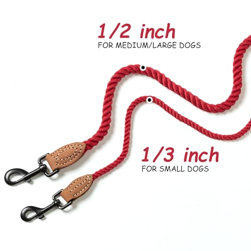 Dog Leash Braided Cotton Rope with Leather (Red / 72 Inch-1/3")