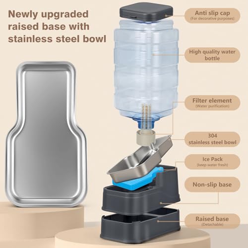 2.2 Gallon Pet Automatic Dog Water Dispenser Cat Gravity Waterer Feeder with Stainless Steel Bowl 8L Large Capacity Puppy Feeding Raised Bowls with Filter (Charcoal Gray / 8L(2.2 Gallon))