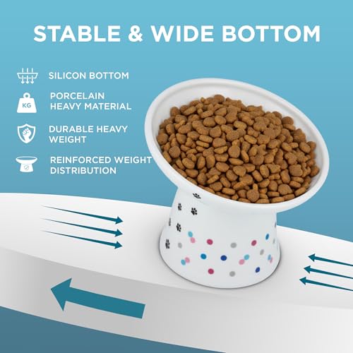 Necoichi Ceramic Elevated Food Bowl (Colorful Dots / Large Extra Wide Tilted)