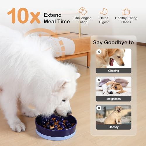 Ceramic Slow Feeder Dog Bowls for Medium Large Breed (Large-9.5 inches / Blue)