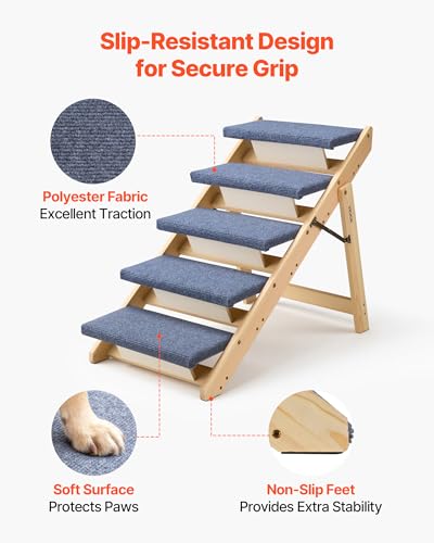 Wood Pet Stairs (Wood Color+Blue / 5-Step Foldable)