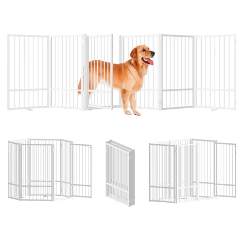 Full Metal Freestanding Dog Gate with Door (【6 Panels】120"W*36H" / White)