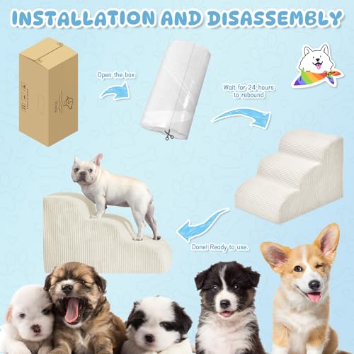 3 Step Dog Stairs Pet Ramp for High Beds (Beige / 3-Step 16"H)