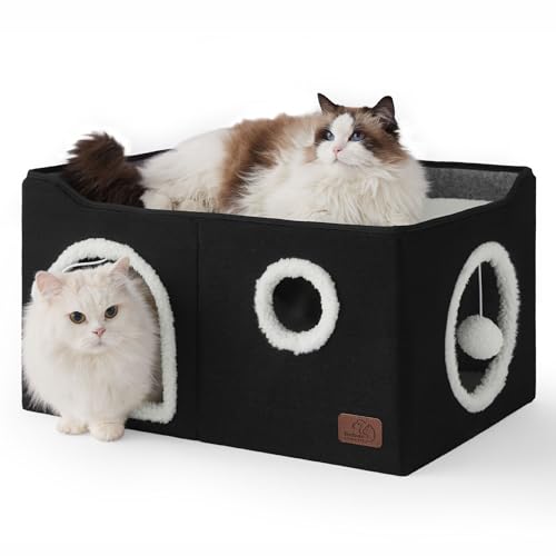 Extra Wide Cat House Bed with Fluffy Ball and Scratch Pad (Black / Widen)