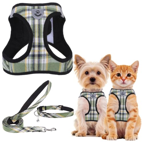 Dog Harness Collar and Leash Set No Pull for Small Medium Sized (Yellow Green / XS (CHEST 13"-14.5"))